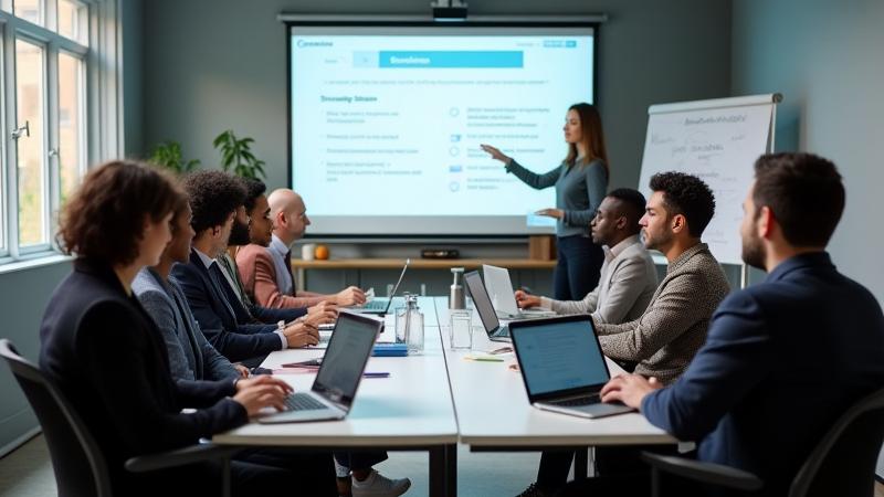 Team im Firmentraining, das an Laptops zusammenarbeitet