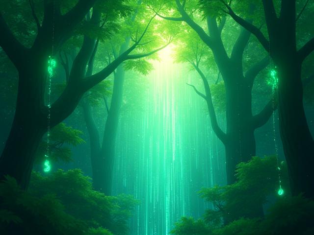 Stilisierter digitaler Regenwald mit leuchtenden Pfaden und vernetzten Bäumen, symbolisierend Nimbiras Philosophie eines kreativen Ökosystems.